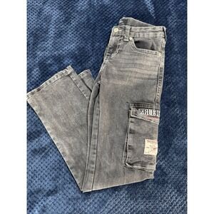True Religion Boy's Ricky Cargo Jeans Gray Wash Flap Straight Leg Denim Sz 12